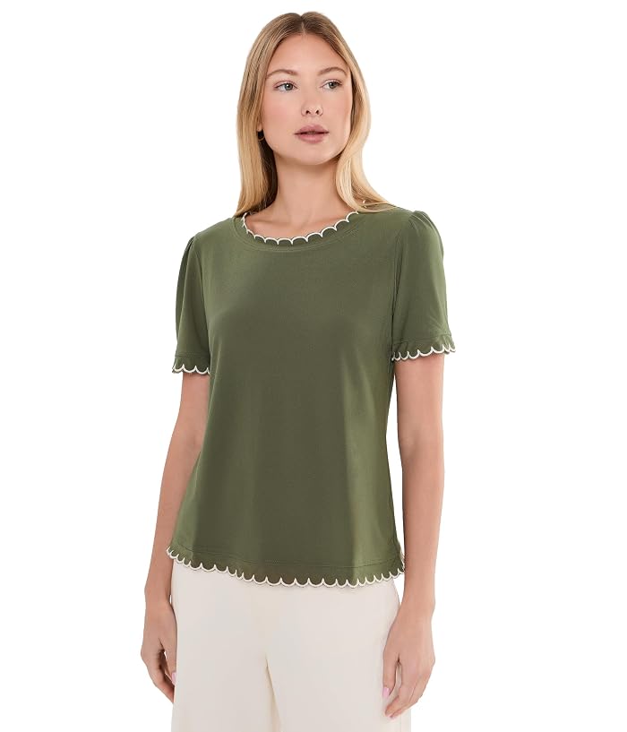 CeCe Puff Short Sleeve Top With Scallop Neck And Cuff