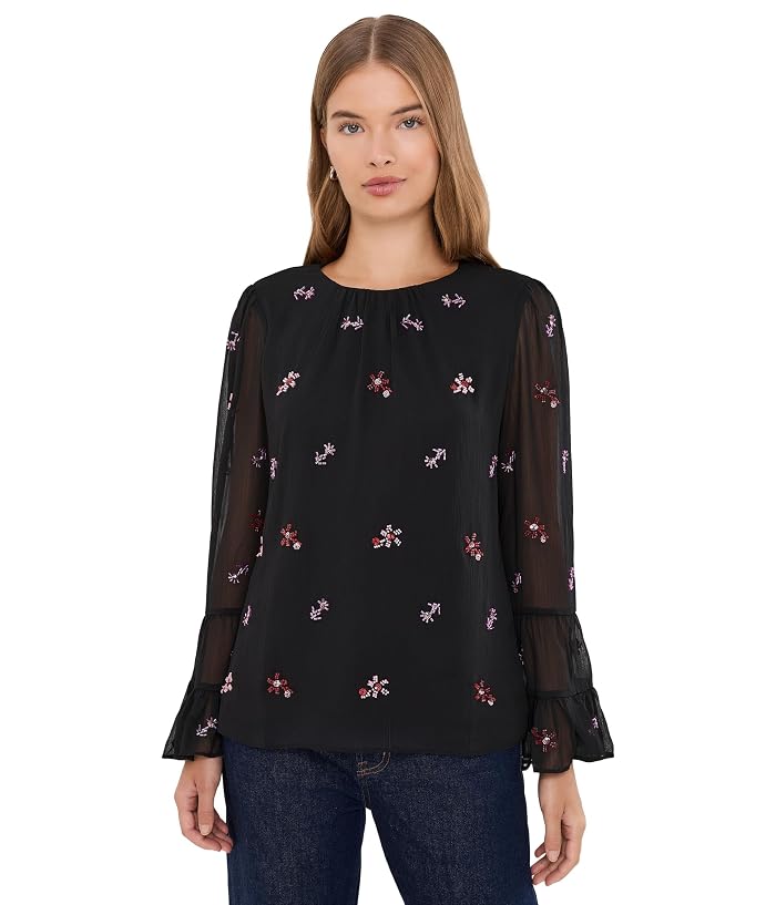 CeCe Beaded Long Sleeve Double Ruffle Cuff with Shirred Neck