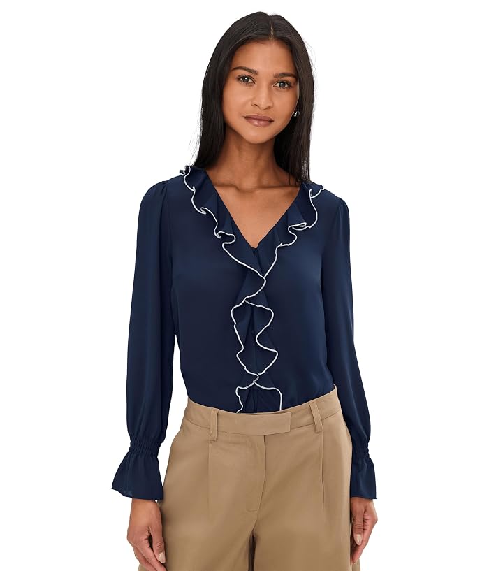 CeCe Contrast Ruffle Trim Long Sleeve V-Neck Top
