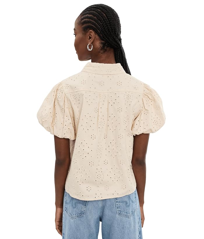 CeCe Collared Eyelet Embroidery Bubble Sleeve Top - Image 4