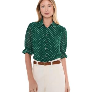 CeCe Short Sleeve Smocked Cuff Button-Down Top