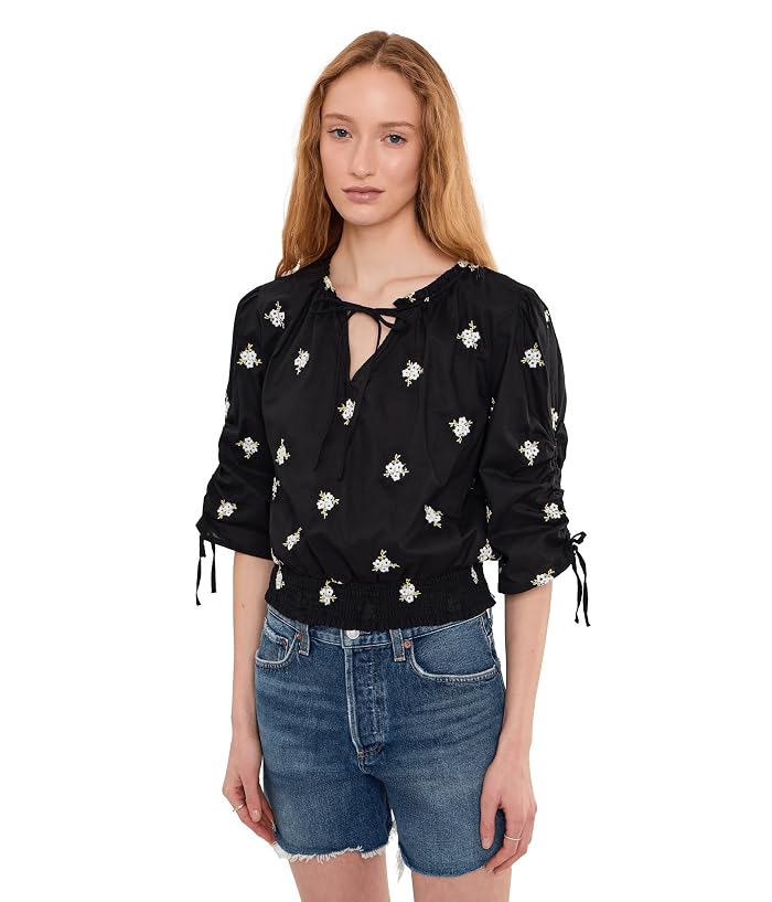 CeCe Embroidered Ruched Sleeve Smocked Top
