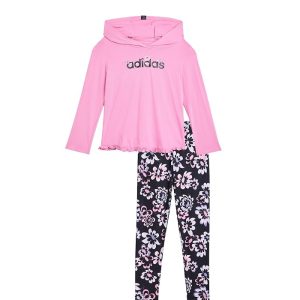 adidas Kids Long Sleeve Ruffle Hem Hooded Pullover and AOP Leggings (Toddler/Little Kid)