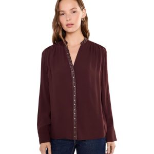 Vince Gathered Long Sleeve Top w/ Studded Trim