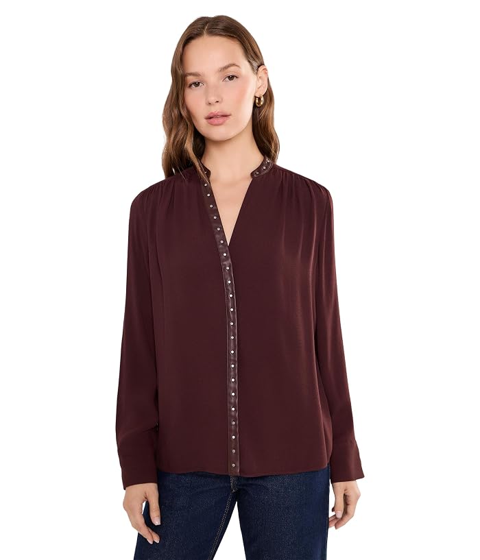 Vince Gathered Long Sleeve Top w/ Studded Trim