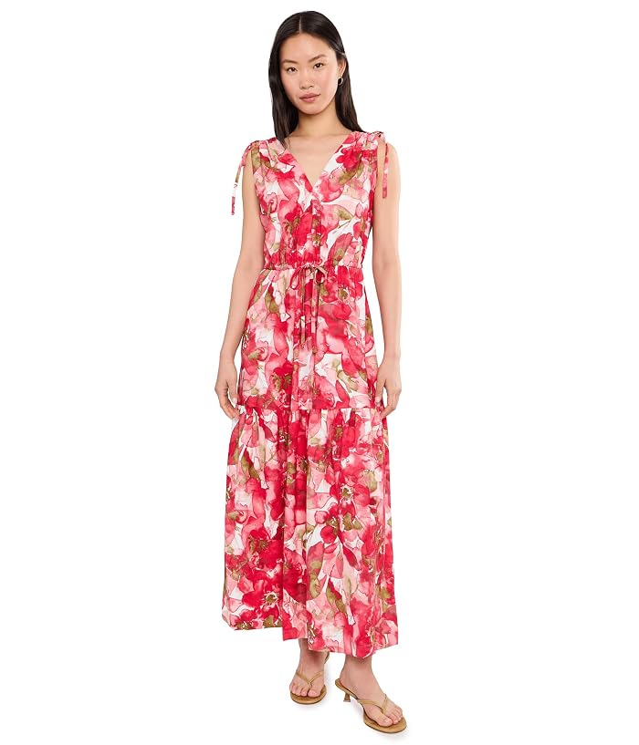 Calvin Klein Sleeveless Dot Crepe Floral Drawstring Midi Dress