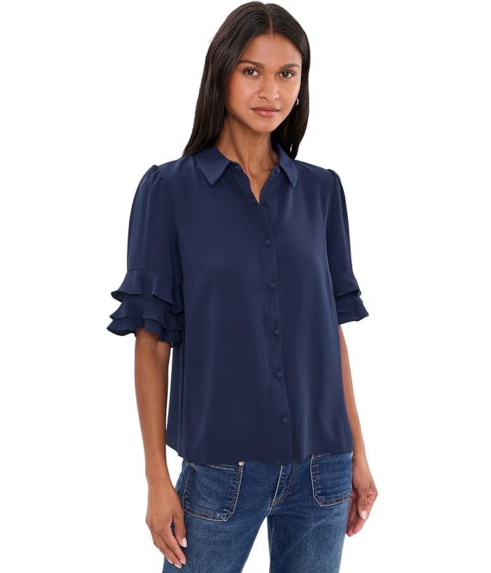 CeCe Long Sleeve Collared Blouse w/ Ruffle Hem