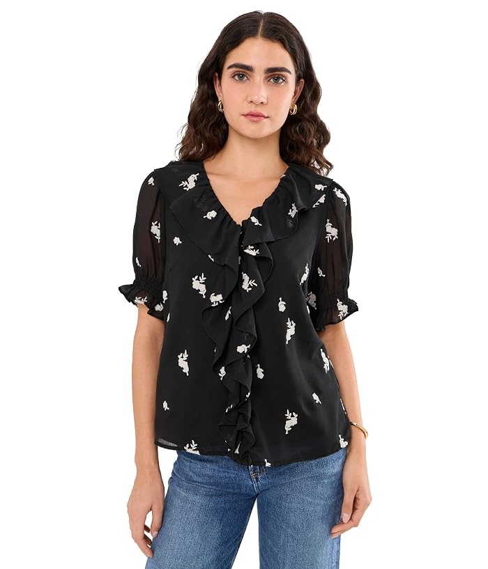CeCe Embrodiery Linen Ruffled Pintuck Elbow Sleeve Top