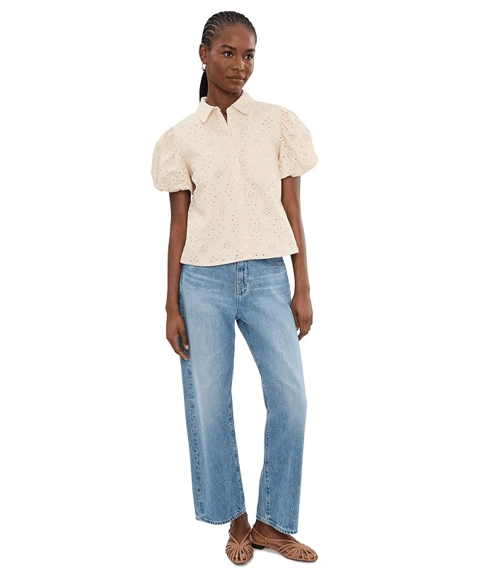 CeCe Collared Eyelet Embroidery Bubble Sleeve Top - Image 2