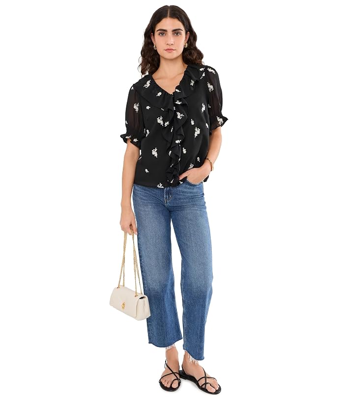 CeCe Embrodiery Linen Ruffled Pintuck Elbow Sleeve Top - Image 2