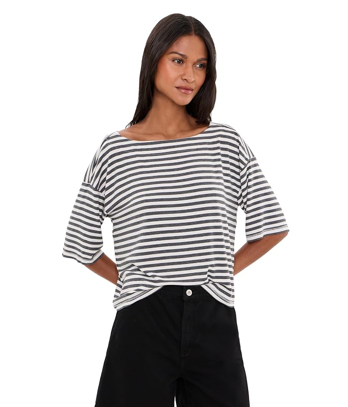 Mod-o-doc Elbow Sleeve Striped Crop Top