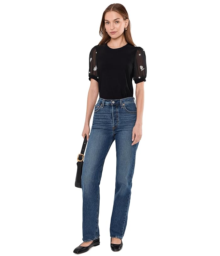 CeCe Puff Mixed Media Short Sleeve Knit Top - Image 2