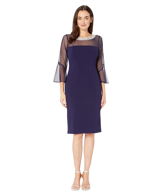 Alex Evenings Short Shift Dress with Beaded Illusion Neckline and Bell Sleeves