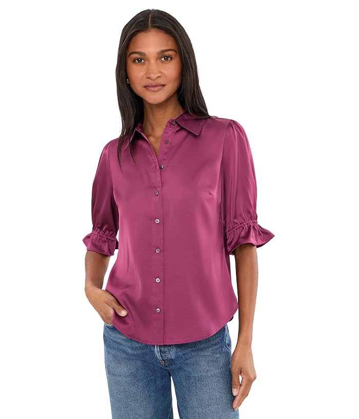 CeCe Balloon Short Sleeve Smocked Button-Down Shirt
