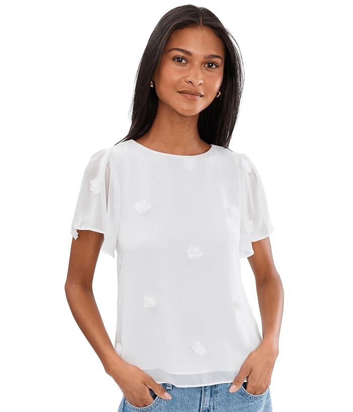 CeCe 3D Flower Applique Crew Neck Top