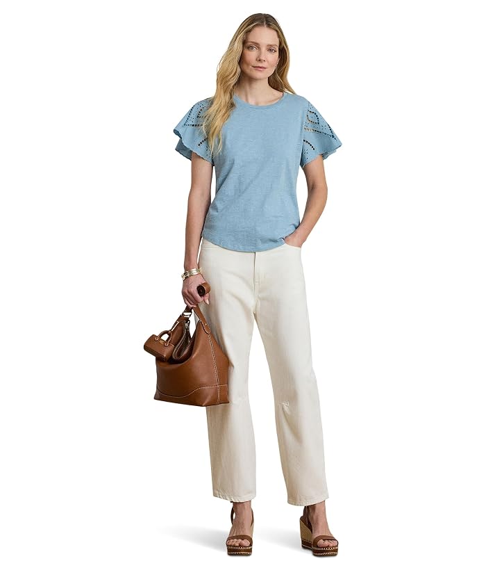 Lauren Ralph Lauren Eyelet Cotton Jersey & Broadcloth Top - Image 4