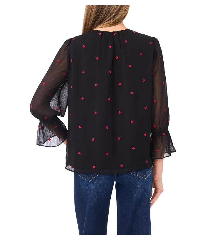 CeCe 3/4 Sleeve Shirred Neck Embroidery Hearts Top - Image 2
