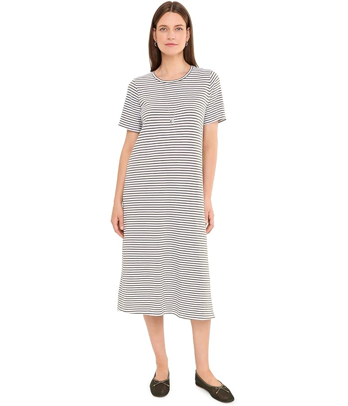 Eileen Fisher Striped Organic Cotton Slub Round Neck Short Sleeve Calf Length Dress