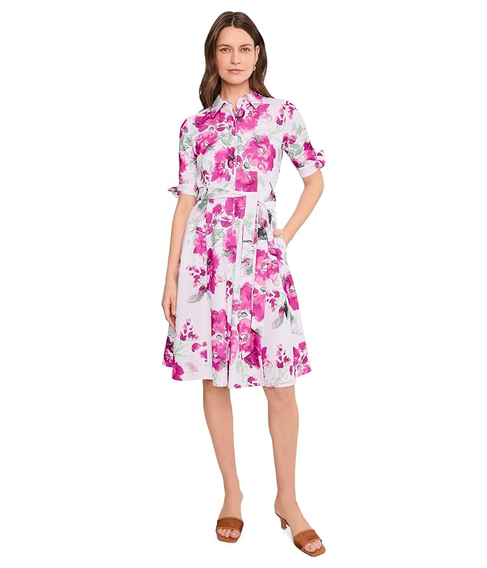 Calvin Klein Short Sleeve Scuba Crepe Self Tie Floral Shirt Dress