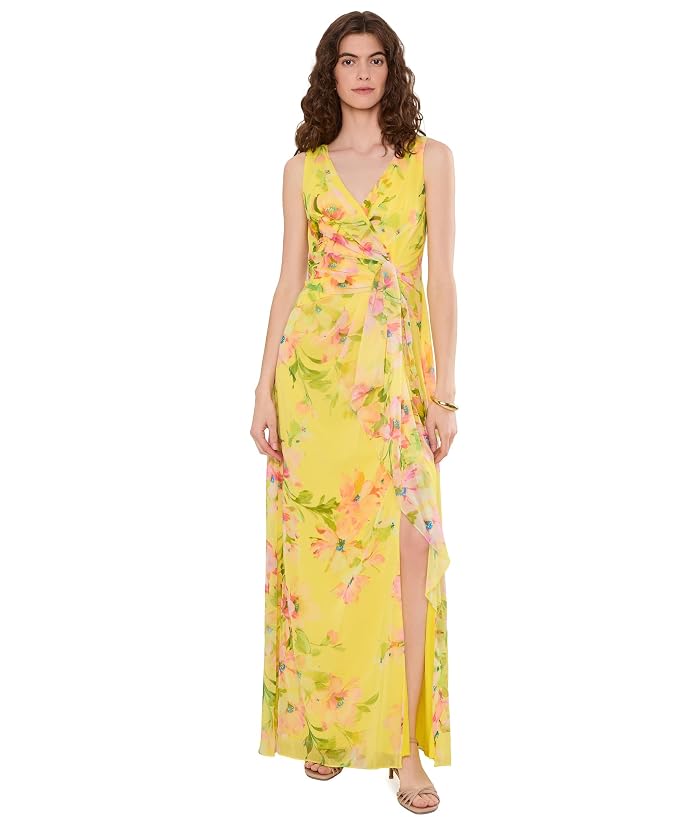 Adrianna Papell Draped Floral Chiffon Gown