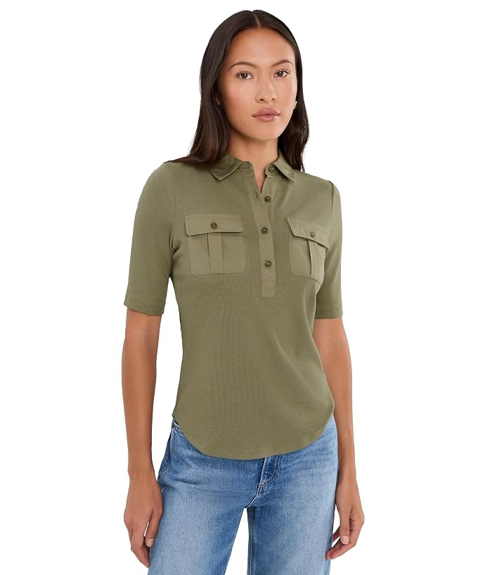 Lauren Ralph Lauren Petite Rib-Knit Elbow-Sleeve Collared Top