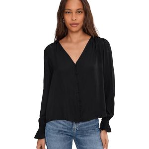 Liverpool Los Angeles Long Sleeve Button Front Woven Top With Smocking