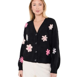 CeCe Flower Pattern V-Neck Cardigan