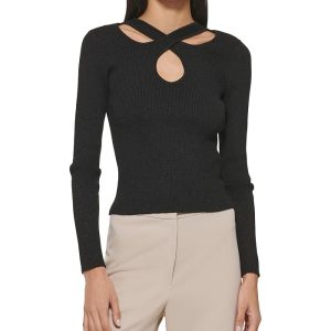 DKNY Long Sleeve Rib Lurex Cutout Sweater