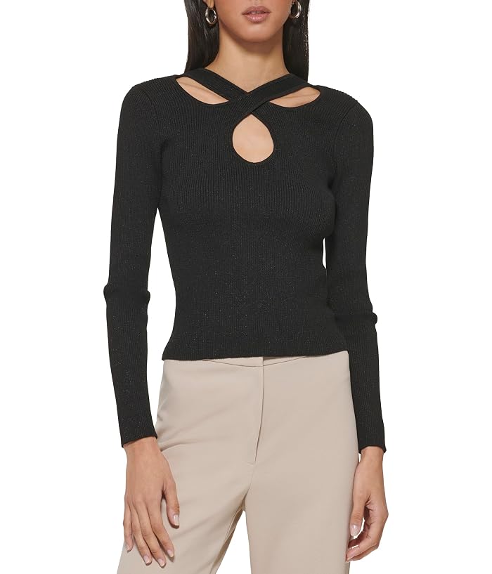 DKNY Long Sleeve Rib Lurex Cutout Sweater