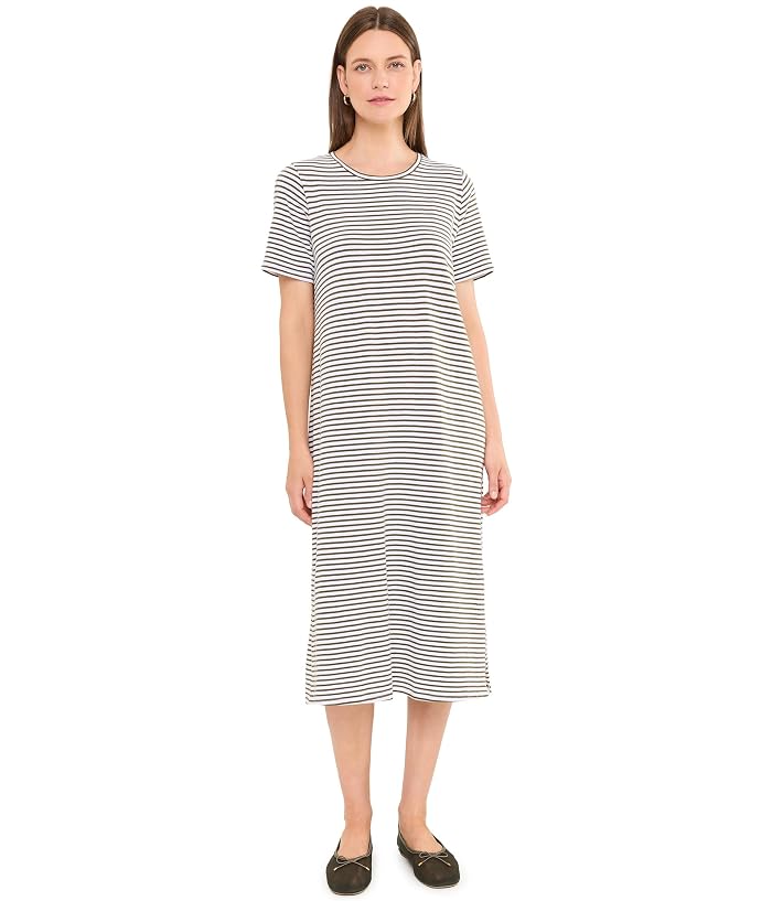 Eileen Fisher Striped Organic Cotton Slub Round Neck Short Sleeve Calf Length Dress - Image 2