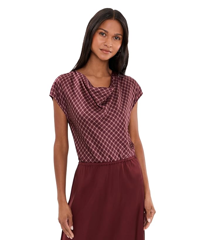 Vince Ombre Plaid On Cowl Neck Cap Sleeve Blouse