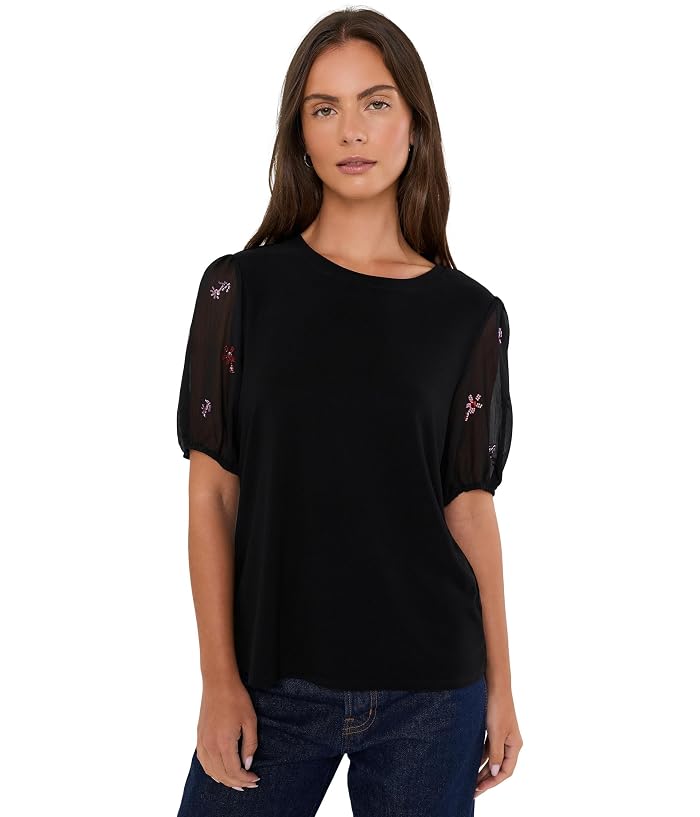CeCe Beaded Sleeve Mixed Media Crew Neck Top