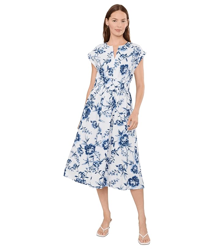 Calvin Klein Cap Sleeve Floral Cotton A-Line Midi