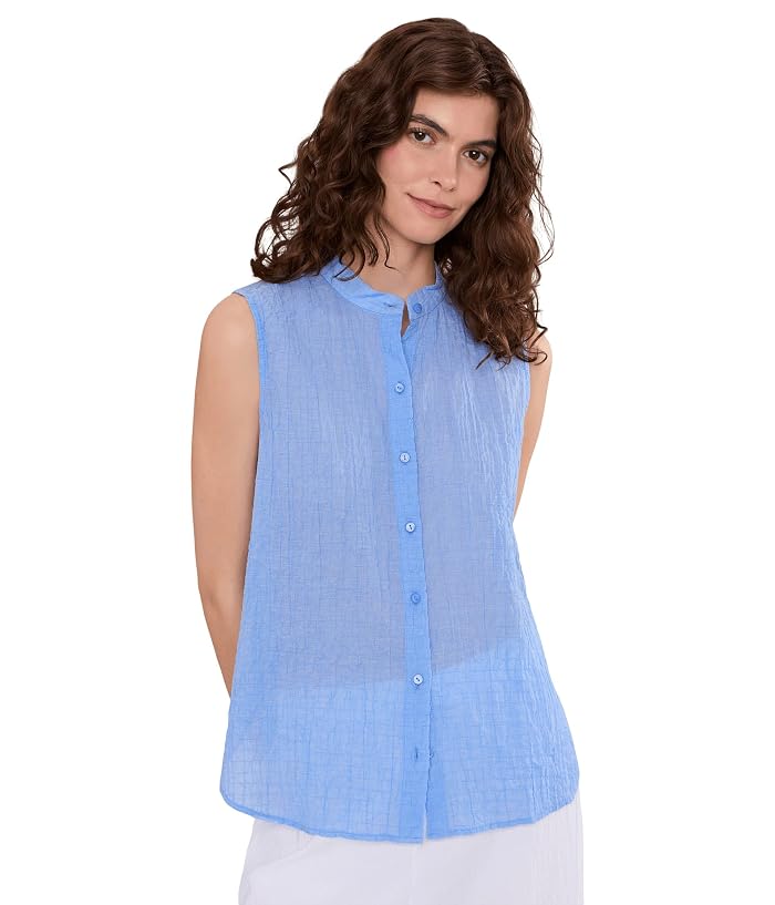 Eileen Fisher Cotton Microstripe Pucker Mandarin Collar Shirt