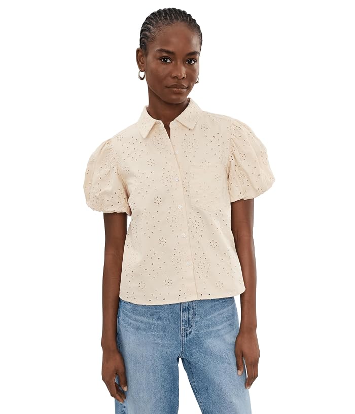 CeCe Collared Eyelet Embroidery Bubble Sleeve Top