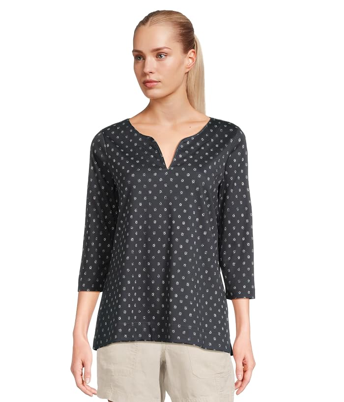 L.L.Bean Pima Tops Split-Neck Tunic 3/4 Sleeve Print
