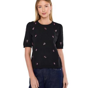CeCe Beaded Short Sleeve Crew Neck