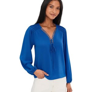 CeCe Long Sleeve Circular Trim Pintuck Top