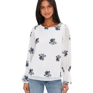 CeCe Embroidered Long Sleeve Smocked Cuff Blouse