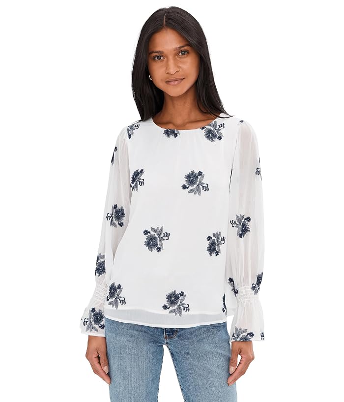 CeCe Embroidered Long Sleeve Smocked Cuff Blouse