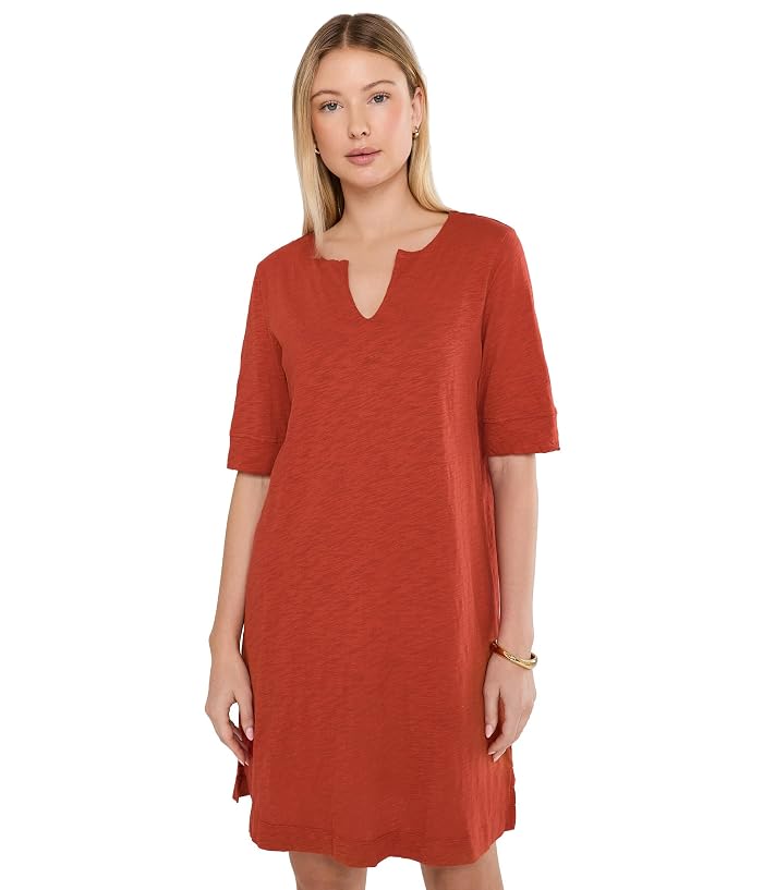 Mod-o-doc Elbow Sleeve Split Neck Knee Length Shift Dress