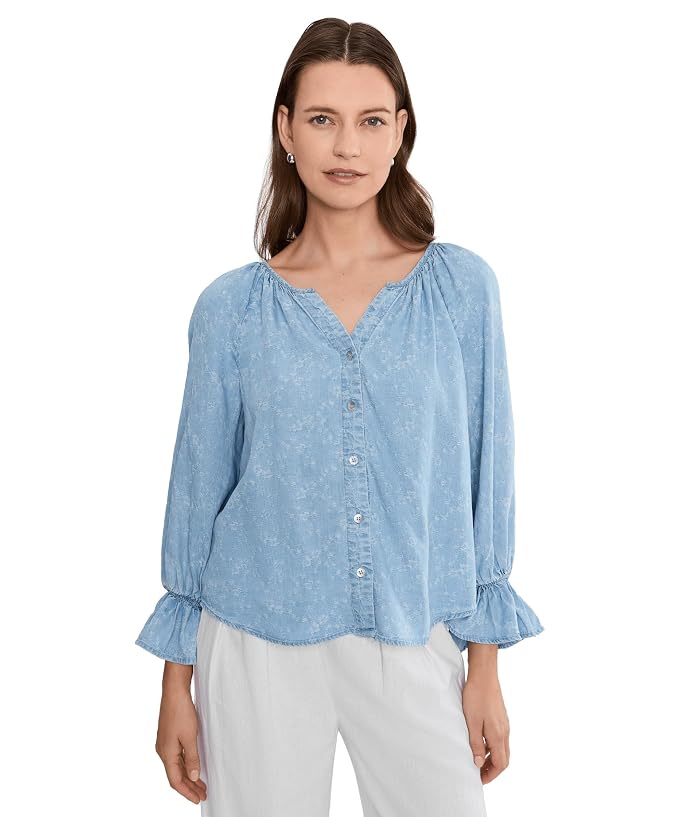 Liverpool Los Angeles 3/4 Sleeve Button Front Shirred Woven Top