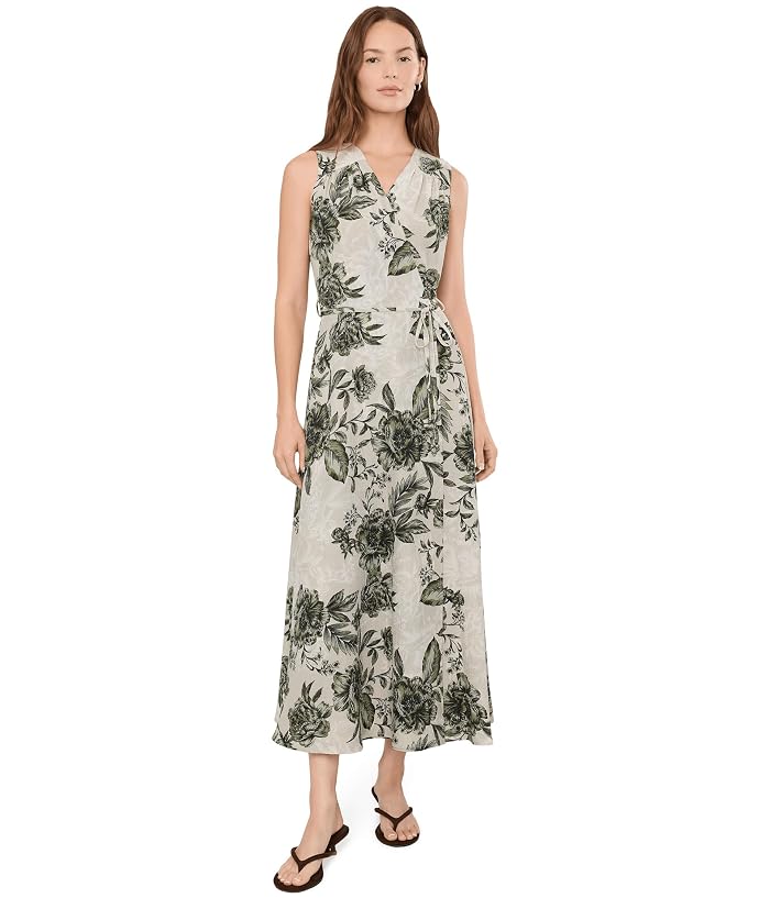 Calvin Klein Sleeveless V-Neck Floral Gauze Faux Wrap Dress