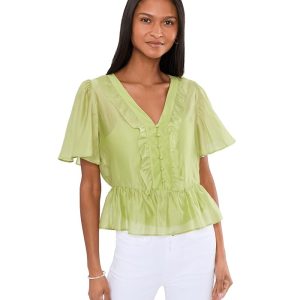 Vince Camuto V-neck Double Ruffle Buttondown Top W/ Peplum And Flutter Sleeve