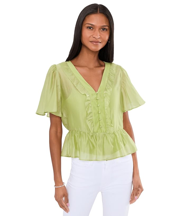 Vince Camuto V-neck Double Ruffle Buttondown Top W/ Peplum And Flutter Sleeve