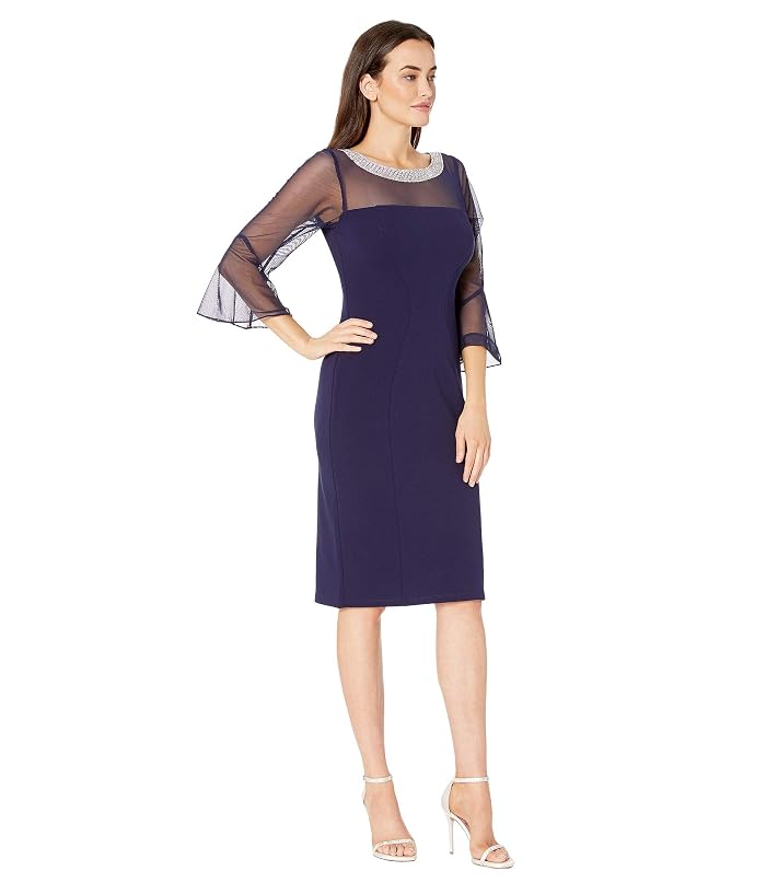 Alex Evenings Short Shift Dress with Beaded Illusion Neckline and Bell Sleeves - Image 4