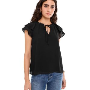 CeCe Flutter Sleeve Tie Neck Top