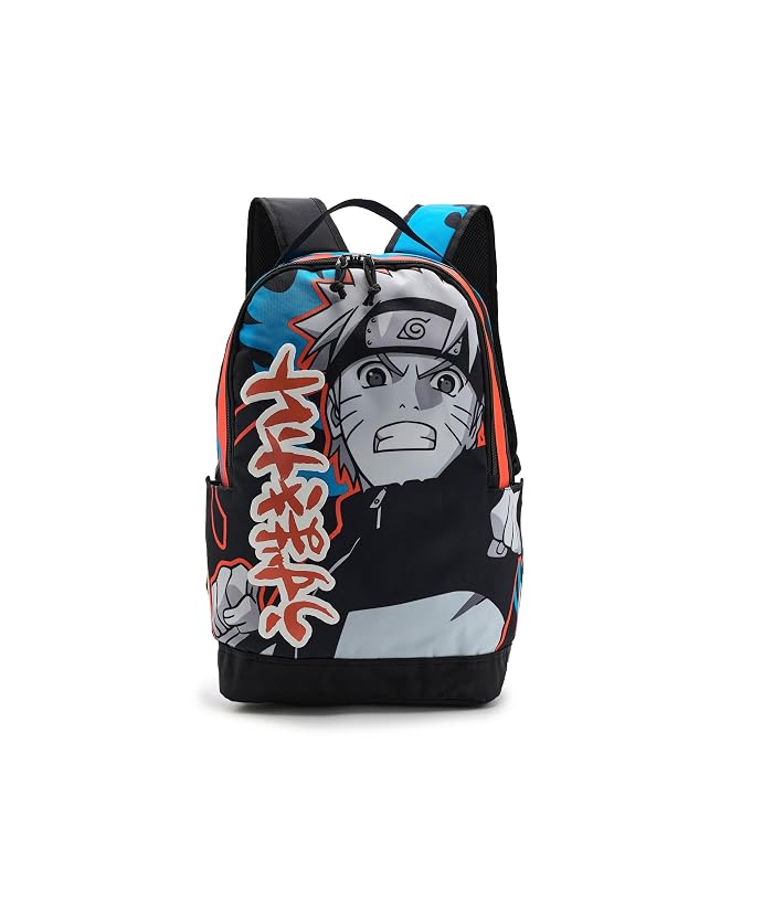 BIOWORLD Kids Naruto Placed Print Backpack with Blue and Orange Accents Flames with Puff Print Kanji