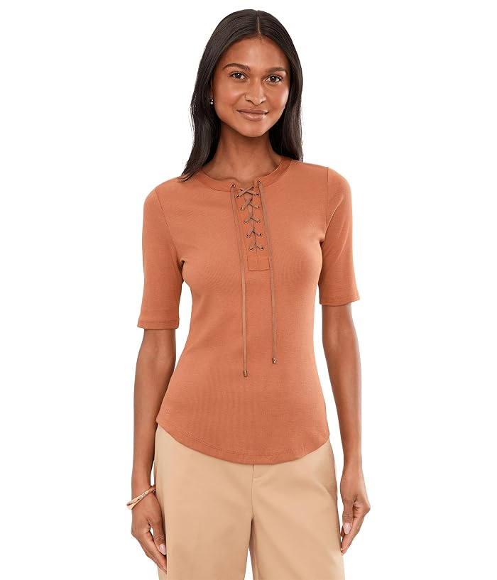 Lauren Ralph Lauren Lace-Up Ribbed Elbow-Sleeve Tee