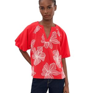 Vince Camuto Contrast Split Neck Band Bubble Sleeve